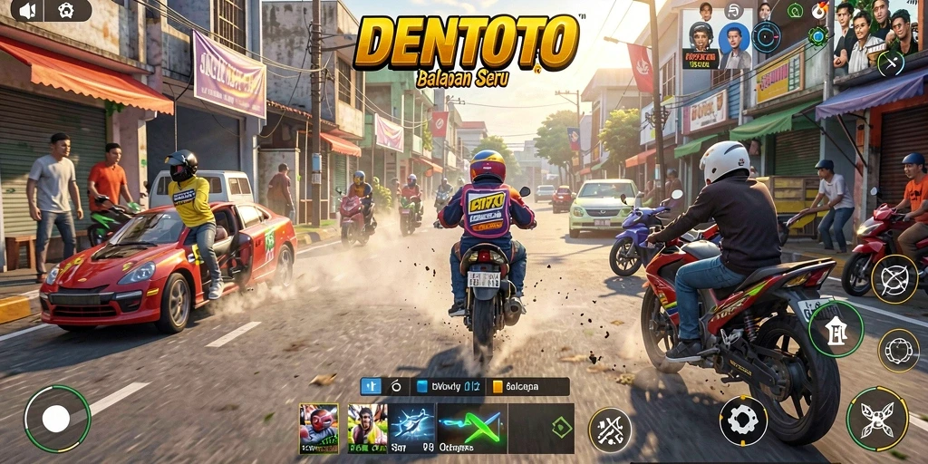 Screenshot DENTOTO menunjukkan balapan seru di jalanan penuh tantangan.