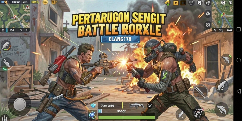 Tampilan gameplay mendebarkan dalam ELANG178, atmosfer Battle Royale yang intens.