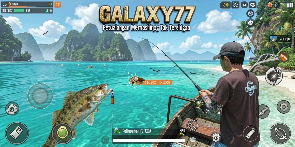 Screenshot gameplay GALAXY77 menampilkan aksi memancing yang mendebarkan.