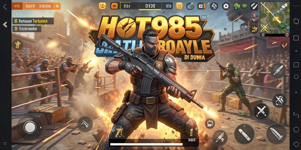 Tangkapan layar HOT985 menampilkan aksi pertempuran seru di arena Battle Royale.