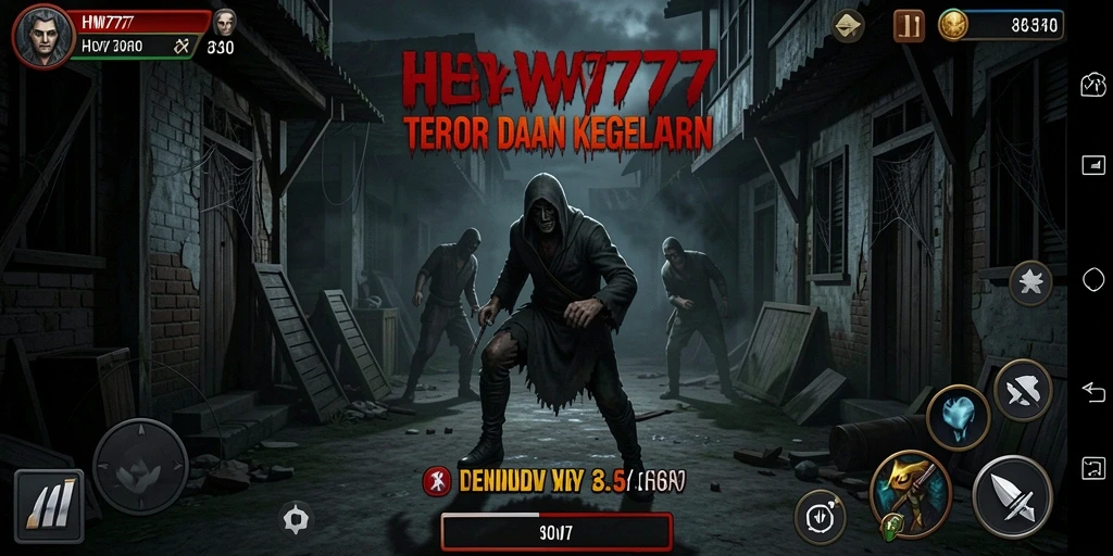 Tampilan gameplay HW777 yang menakutkan dengan suasana gelap dan misterius.