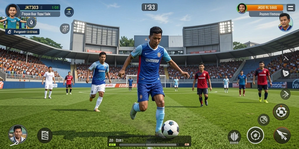 Tangkapan layar dari gameplay JKT303 yang penuh aksi sepak bola.