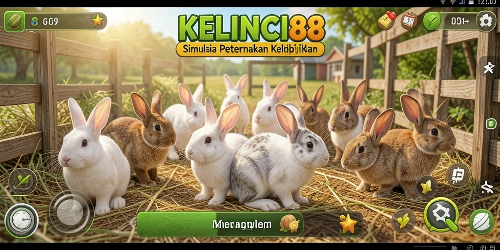 Tampilan gameplay KELINCI88 dengan kelinci lucu di peternakan.