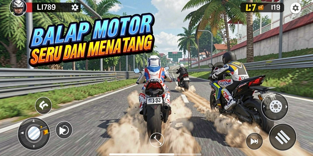 Gameplay LI789 dengan balapan motor yang seru dan mendebarkan.