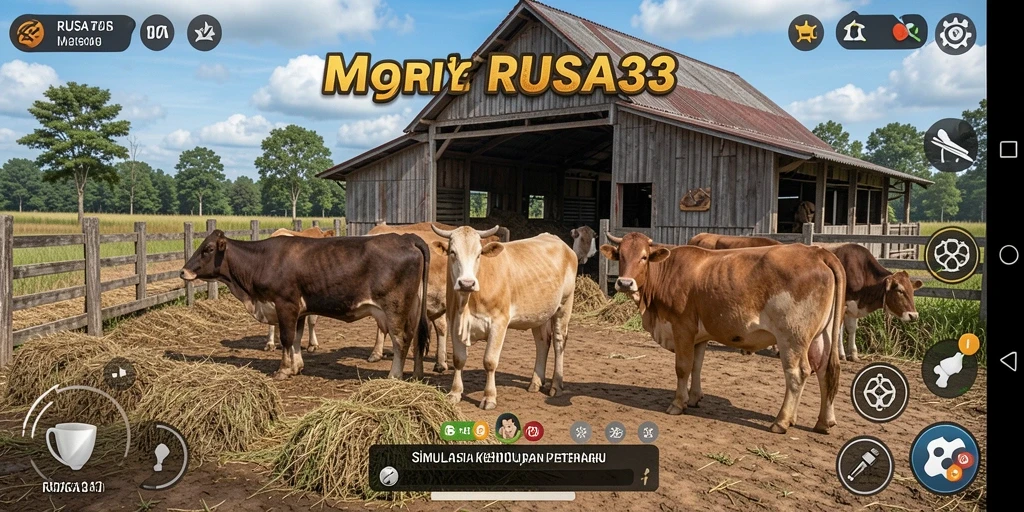 Tangkapan layar gameplay RUSA33 menunjukkan peternakan yang indah dan hewan yang bahagia.
