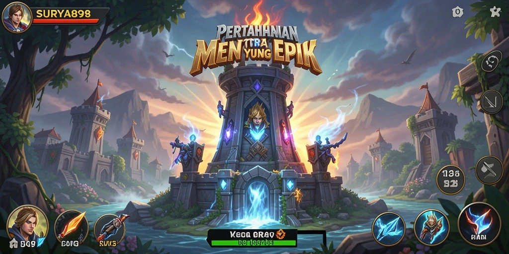 Tangkapan layar gameplay SURYA898 menampilkan menara dan gelombang musuh yang menegangkan.