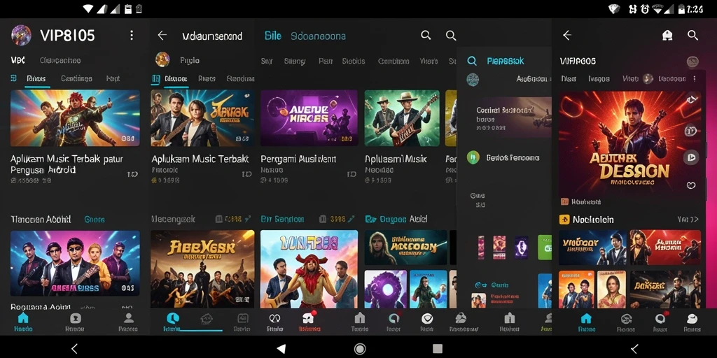 Screenshot aplikasi VIP805 yang menunjukkan antarmuka musik yang menarik.